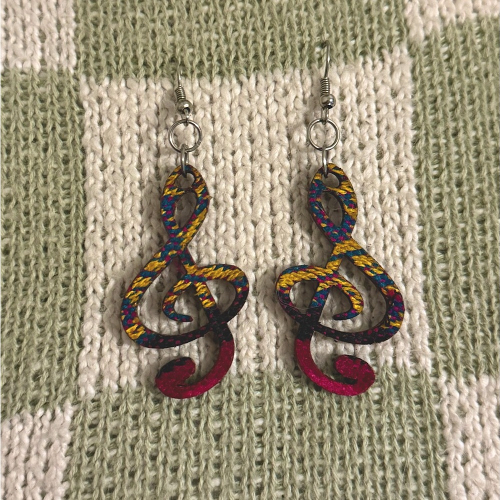 Handmade Woven Wooden Colorful Treble Clef Earrings